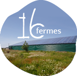 Photo d’un bâtiment agricole avec un toit recouvert de panneaux photovoltaïques et indication 16 fermes mutualisées dont 13 dans les Landes