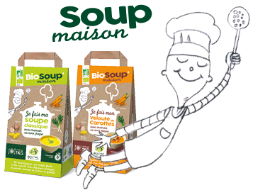Sachets kraft soupe classique bio et velouté de carotte bio avec logo Biosoup’ et illustration enfantine d’un chef tenant une écumoire à la main