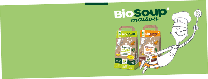 Sachets kraft soupe classique bio et velouté de carotte bio avec logo Biosoup’ et illustration enfantine d’un chef tenant une écumoire à la main