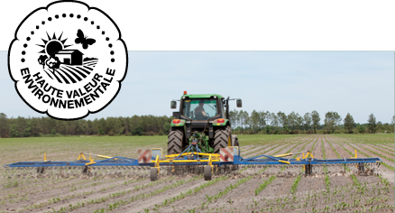 Logo HVE et photo d’un tracteur effectuant un désherbage mécanique, sans pesticide, dans un champ de maïs