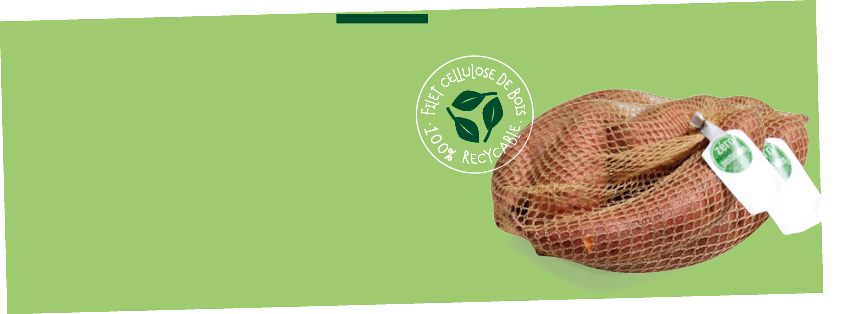 Patates douces conditionnées en filet de cellulose de bois 100% recyclable