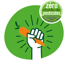 Zéro résidu de pesticides, picto main brandissant une carotte