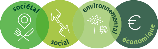Quatre pictos, sociétal, social, environnemental et économique