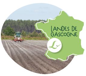 Carte du terroir des Fermes Larrère. Vue d’un tracteur dans un champ avec pins en arrière plan et carte de France pour localiser les Landes de Gascogne